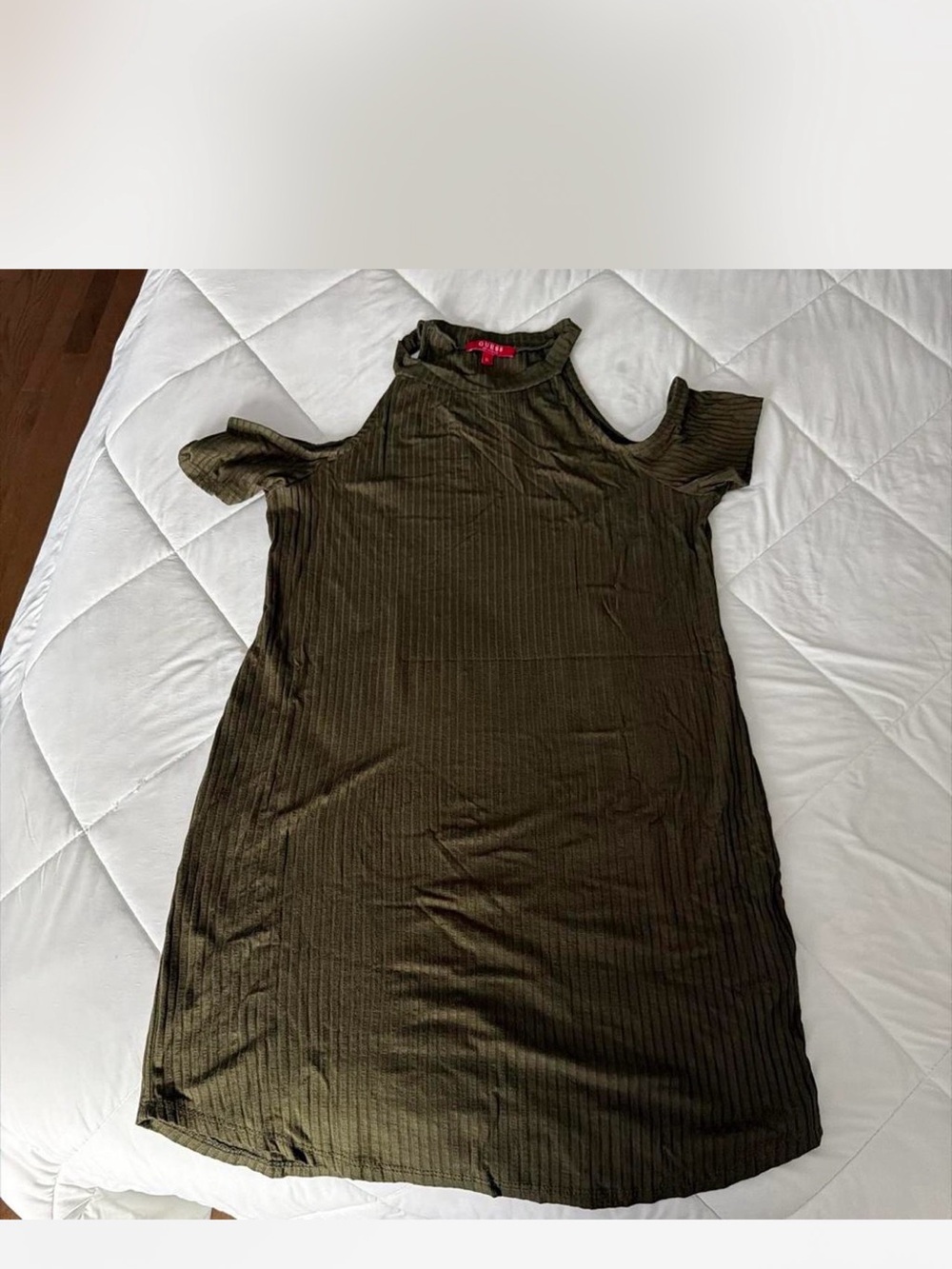 Guess Olive Green Cold-Shoulder Ribbed Mini Dress